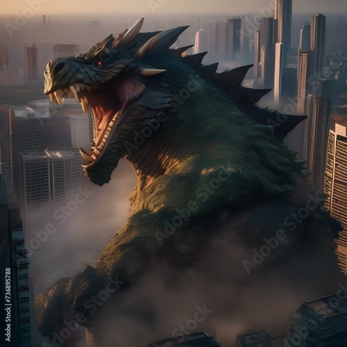 Giant monster rampage, Colossal monster wreaking havoc upon a city skyline with skyscrapers crumbling under its massive weight5