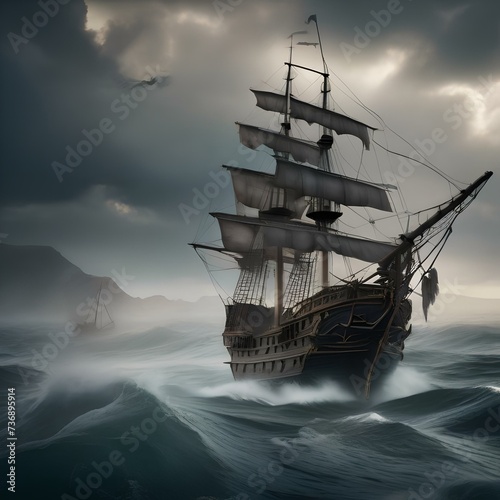 Haunted pirate ship, Ghostly pirate ship sailing through stormy seas with tattered sails and skeletal crew3