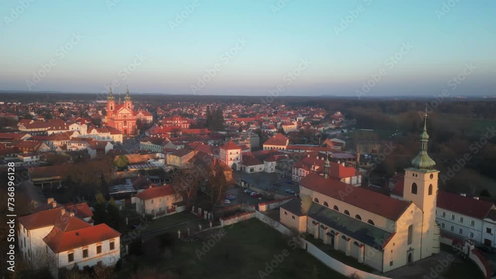Stara Boleslav Town with Basilica of Saint Wenceslas and Church of the Assumption of Mary, Czech Republic. Aerial 4K footage from above Stara Boleslav Town with Basilica of Saint Wenceslas and Church of the Assumption of Mary, Czech Republic. Aerial 4K footage from above