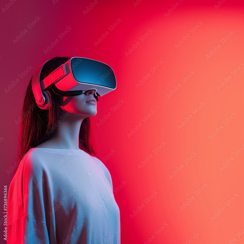 Hispanic Brunette Young Adult Woman, Isolated on Left, Wearing VR Headset, Square Photo Portrait with Red Background, Neon Studio Lighting, and Empty Copy Space Hispanic Brunette Young Adult Woman, Isolated on Left, Wearing VR Headset, Square Photo Portrait with Red Background, Neon Studio Lighting, and Empty Copy Space