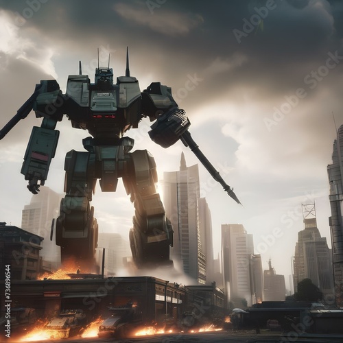 Giant robot rampage, Massive robotic behemoth rampaging through a cityscape as military forces mobilize to stop it2