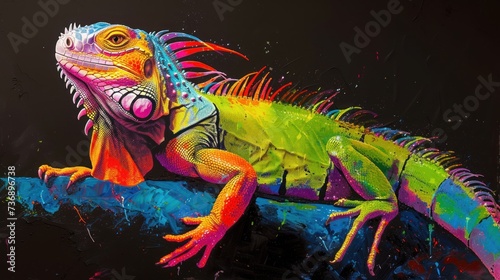  a painting of an iguana on a branch with paint splatches all over it's body.