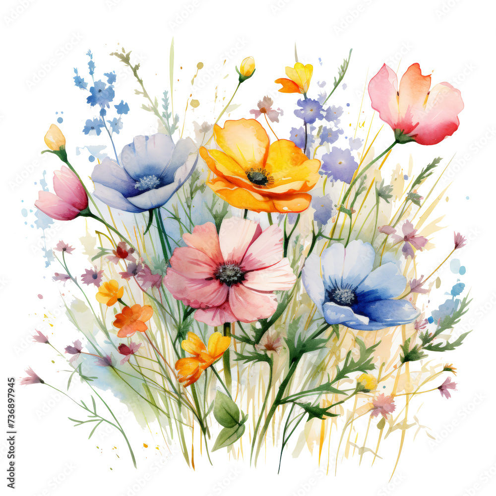 Watercolor flowers on grass isolated