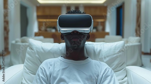 A young black man is wearing virtual reality glasses. Future technology concept.