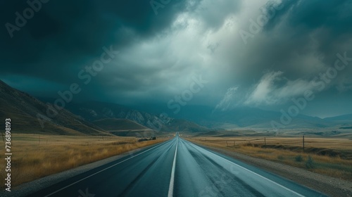  an empty road in the middle of a field with mountains in the background and a dark sky filled with clouds.
