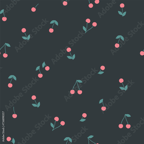 Vector seamless cherry pattern on a black background. Hand-drawn illustration of summer fruits. The fresh design is great for wallpaper or gift wrapping.
