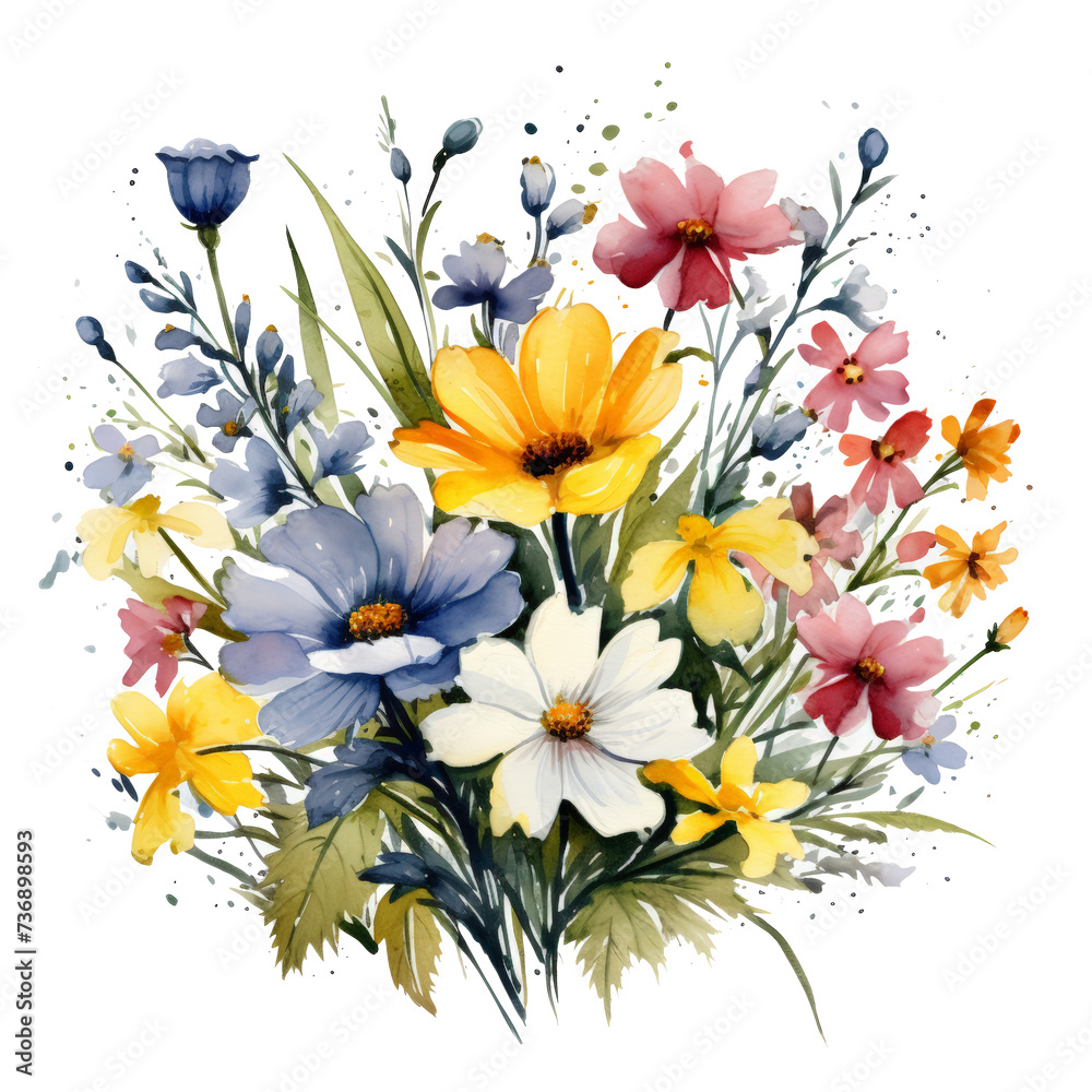 Watercolor flowers on grass isolated