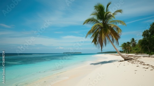  a palm tree sitting on top of a beach next to a body of water with a boat in the distance.