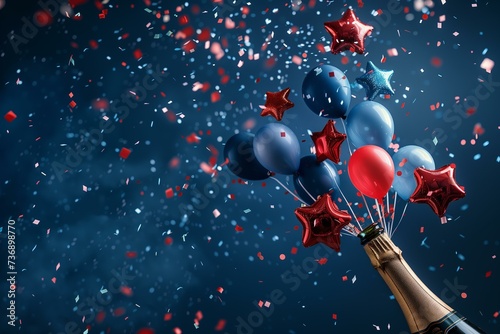 champagne bottle with star shaped red and blue balloons bursting out of the bottle flying around, confetti dark blue background, US theme for Presidents Day or 4th of July