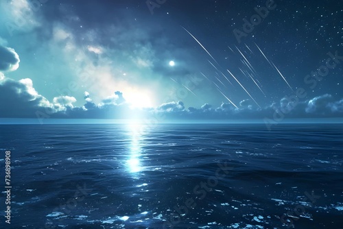 Detailed stock image of a meteor shower illuminating the sky above a calm ocean, capturing the spectacle of celestial events.