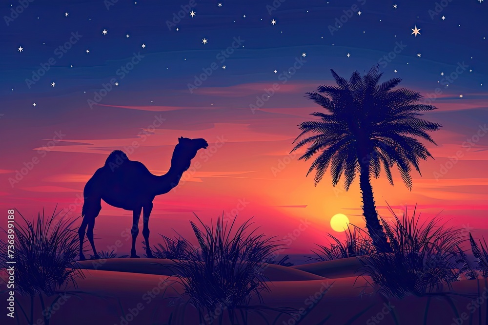 Fototapeta premium Silhouette camel with palm tree, illustration of Islamic background and sunset
