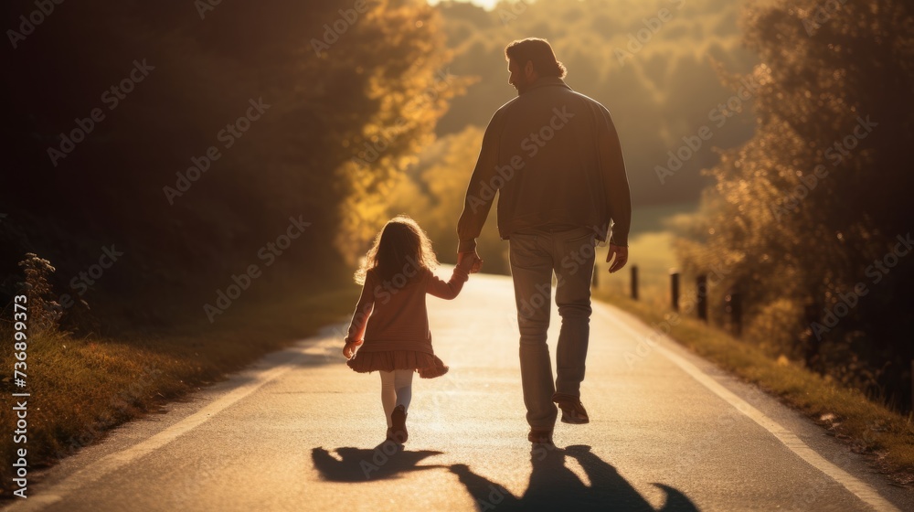 Father and daughter walking hand in hand on sunlit road