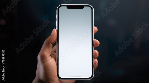 Smartphone held in hand, mockup with large display for modern phone app for template design | Generative AI photo