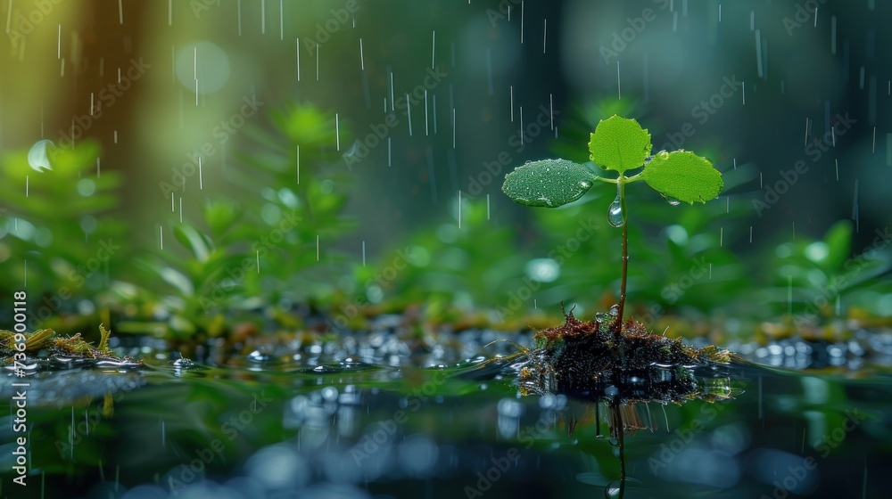 a small green plant sprouts out of a puddle of water on a mossy surface in the rain. a small green plant sprouts out of a puddle of water on a mossy surface in the rain.