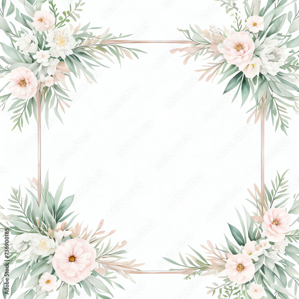 Obraz premium flower frame vintage with border line, isolated on white background, 2d flat graphic illustration design, greeting cards, celebration empty mock up frame 