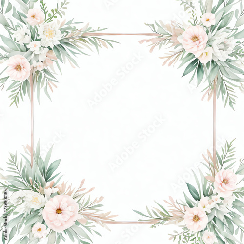 flower frame vintage with border line,   isolated on white background, 2d flat graphic illustration design, greeting cards, celebration empty mock up frame 