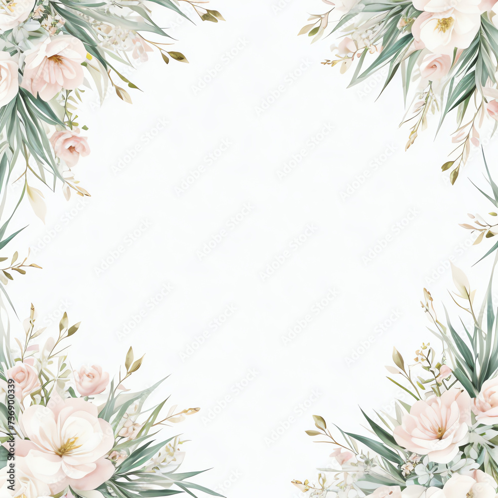 Square drawing rounded flower and leaves in forest frame, invitation card Square drawing rounded flower and leaves in forest frame, invitation card