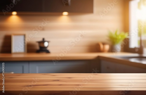 Empty wooden table top counter near a big window. Wood tabletop over defocused kitchen background. Trendy stylish desk space for product presentation, blur light modern cooking interior. Ai Generated © Marina Demidiuk