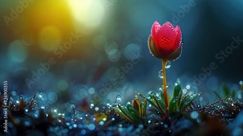 a single red flower with drops of water on it's petals sitting on a patch of grass in front of a blurry background.