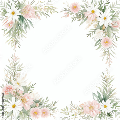 Square drawing rounded flower and leaves in forest frame, invitation card