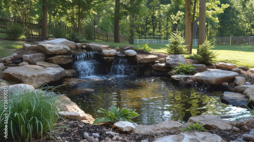 A backyard pond with natural rock formations and a small waterfall making it appear as if it has always been a part of the landscape.