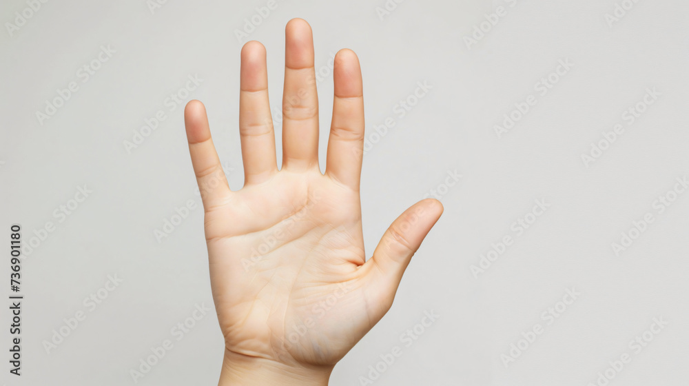 Open human hand palm isolated on white background, hand show stop sign.