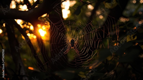 a close up of a spider's web in a tree with the sun setting in the distance behind it.