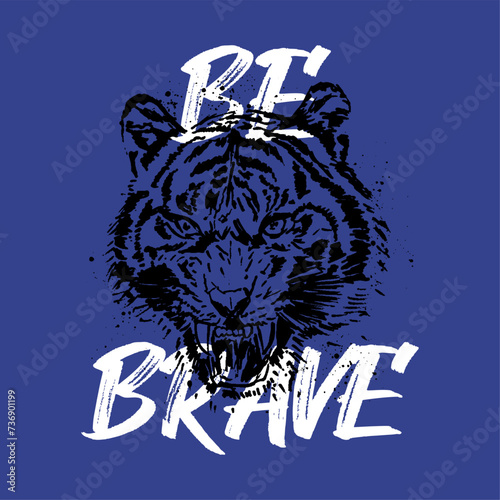 tee print design with brush effected wild tiger head drawing as vector