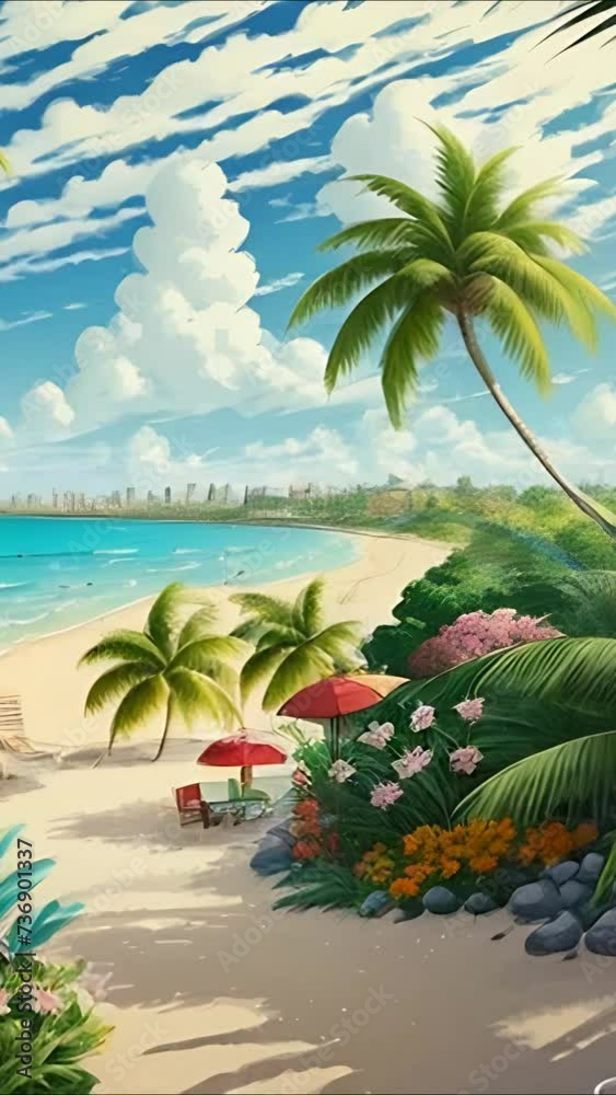 Tropical beach on an exotic island in the ocean. palm trees, flowers and coconuts against the backdrop of a bright sky of crystal clear water. Tropical beach on an exotic island in the ocean. palm trees, flowers and coconuts against the backdrop of a bright sky of crystal clear water.