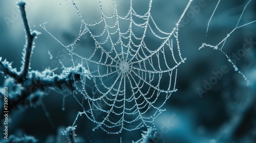 a close up of a spider web with drops of dew on the top of the spider web, with a blurry background.