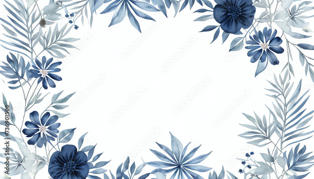 Watercolor blue flowers and leaves frame isolated on white background ...