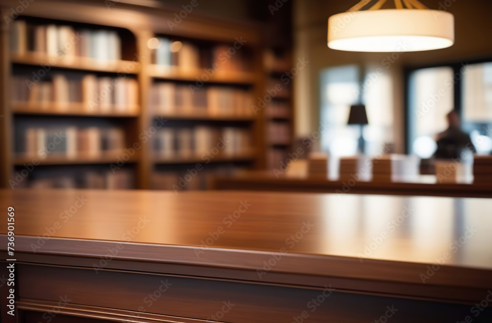 Empty wooden desk counter. Blurry old library interior with table. Table-top view on blurred background of classroom setting. Banner for displaying educational product or design. Vintage bookshop ad. Empty wooden desk counter. Blurry old library interior with table. Table-top view on blurred background of classroom setting. Banner for displaying educational product or design. Vintage bookshop ad.