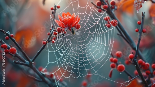 a close up of a spider web with a red flower in the center of the web on a tree branch.