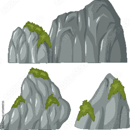 Four cartoon-style rocks with green foliage.