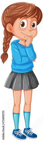 Cartoon of a pensive girl standing with hand on chin