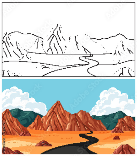 Vector illustration of a desert road and mountain range.