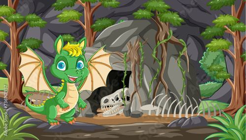 Cheerful dragon beside skeleton in mystical woods