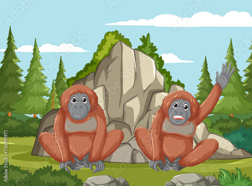 Two cartoon orangutans sitting by a large rock.
