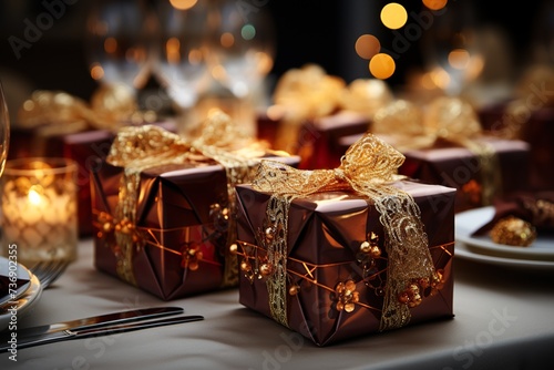 stylist and royal Close up of gift boxes at dining table during Christmas dinner party, space for text