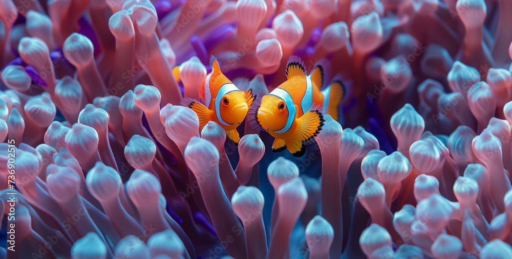 Clown anemonefish in a sea anemone.Clown anemonefish and anemone. - obrazy, fototapety, plakaty 