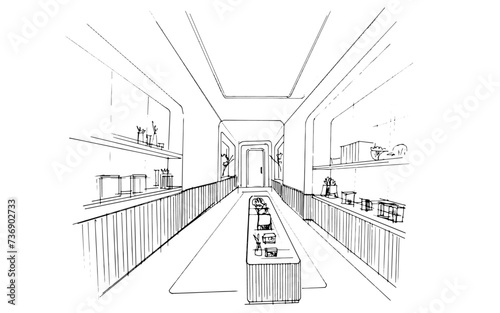 interior design sketch Inside the product store. , Graphic assembly in architecture and interior design work. ,Sketch ideas for interior designs. shop