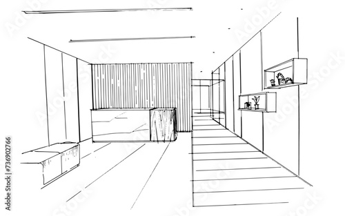 Office reception area interior design sketch. , Graphic assembly in architecture and interior design work. ,Sketch ideas for interior or exterior designs.