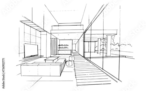 Interior design sketch of a modern home living room. , Graphic assembly in architecture and interior design work. ,Sketch ideas for interior or exterior designs.