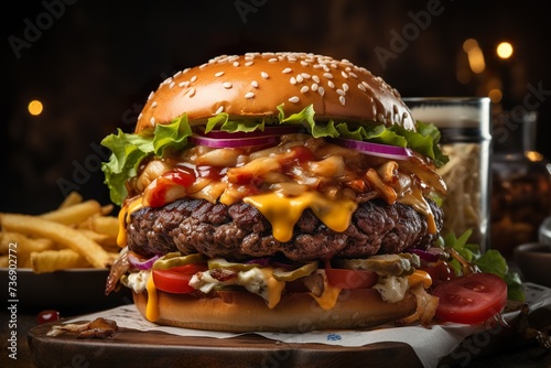 stylist and royal Close-up home made beef burger with american flag and fries on wooden table, space for text