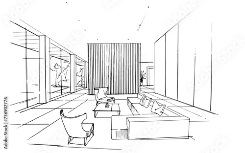 Interior design sketch of a modern home living room. , Graphic assembly in architecture and interior design work. ,Sketch ideas for interior or exterior designs.