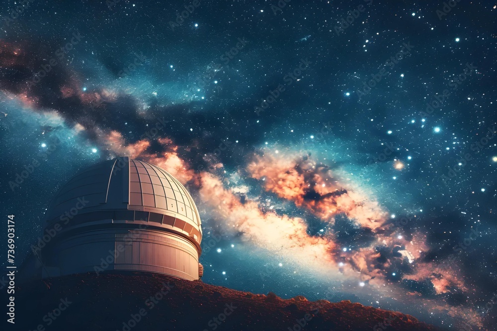 High-quality stock image of a space observatory under the starlit sky, dome open, telescope peering into the cosmos, symbol of human curiosity. - obrazy, fototapety, plakaty 