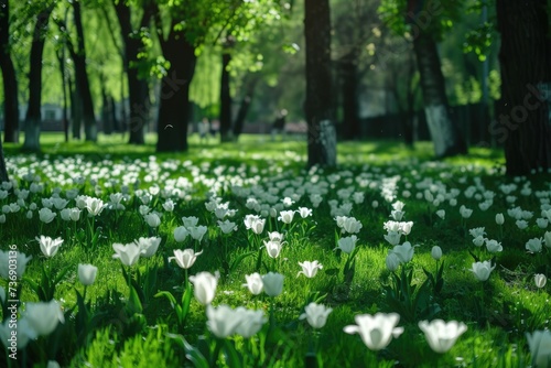 Green lawn surrounded by white tulips in city park