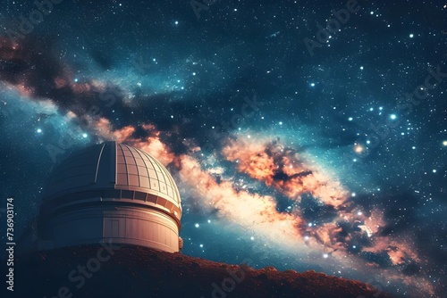 High-quality stock image of a space observatory under the starlit sky, dome open, telescope peering into the cosmos, symbol of human curiosity.