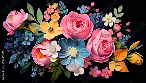 Colorful flower bouquet on black background. Top view. Flat lay. © Wazir Design