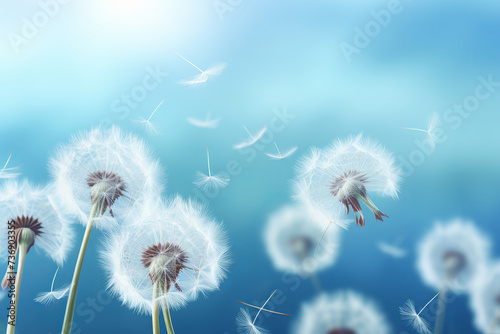 Dandelion seeds floating freely in the wind  against a French blue background  a breath of nature  AI Generative.